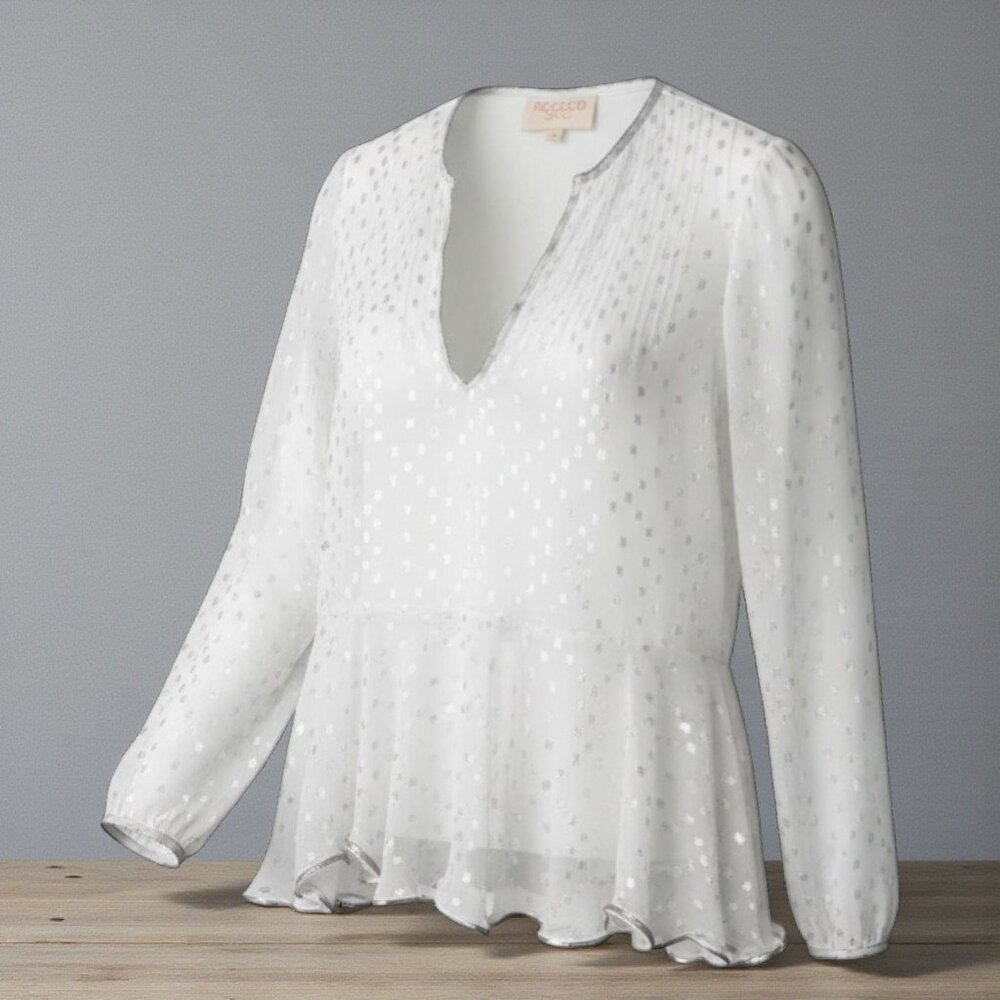 Rococo‎ Sand Sheer White Metallic Ruffle Hem Long Sleeve Blouse